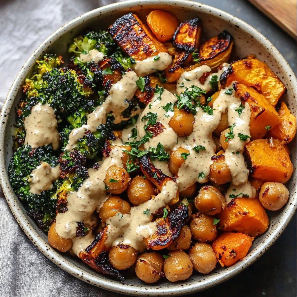 A bowl filled with roasted vegetables, including broccoli florets, cubed butternut squash, and chickpeas, all drizzled with a creamy maple Dijon tahini dressing and garnished with fresh chopped parsley. The vegetables are caramelized and crispy, adding texture and vibrant colors to the dish.